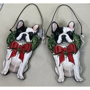 Boston Terrier Wreath‎ Bow Dog Holiday Christmas Wood Ornament Wire Hanger 2 NEW